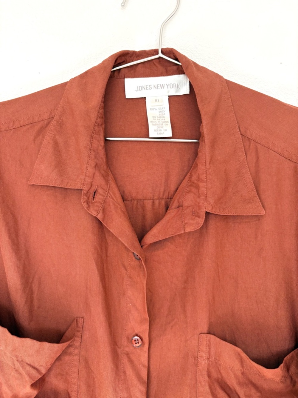 Vintage Jones New York 100% Silk Oversized Button Down Shirt Terracotta Rust